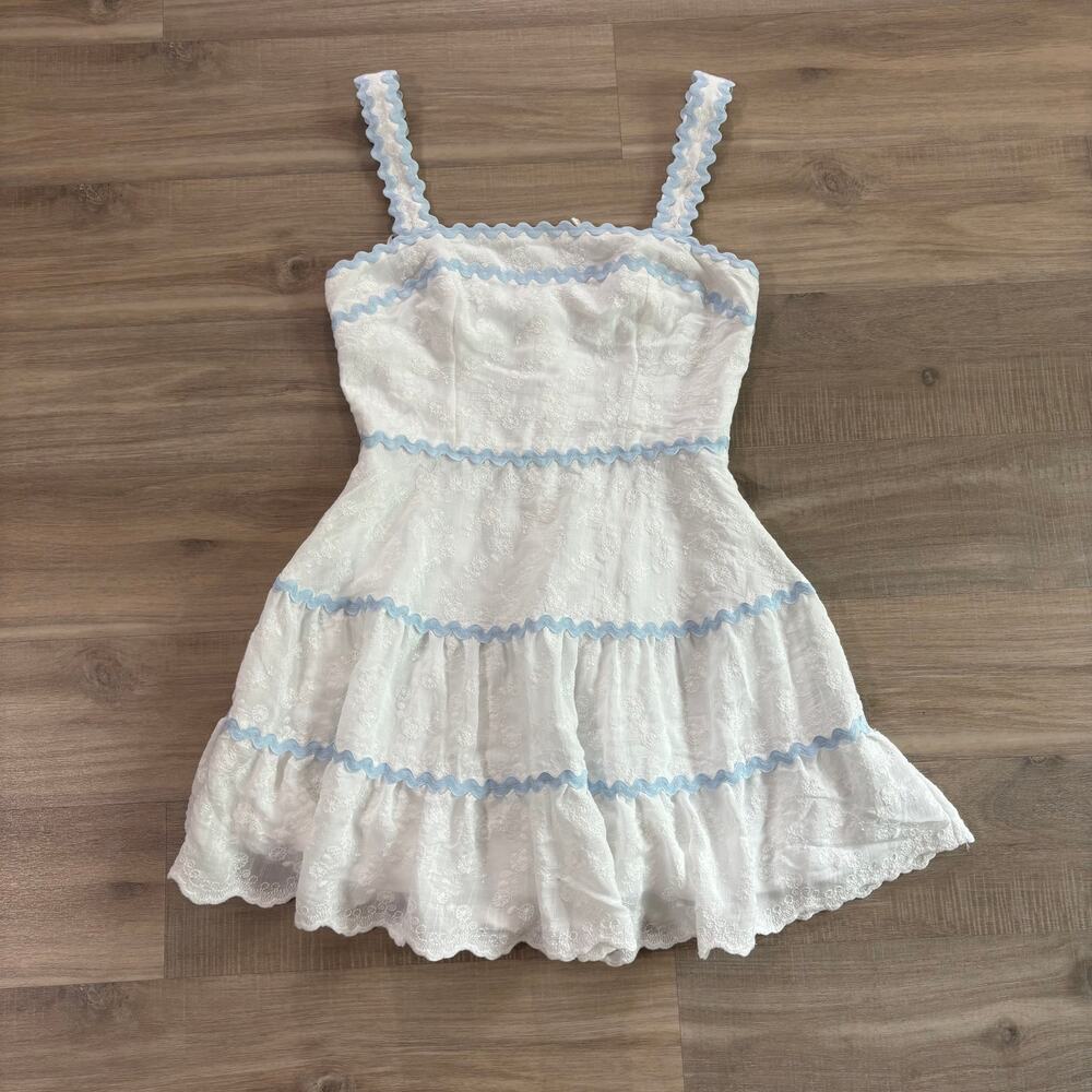 Altar'd State Lillian White Mini Dress Blue Scallop Women Size Medium - Picture 2 of 5